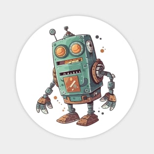 Robot, Silly Cartoon Green And Brown Robot Illustration Magnet